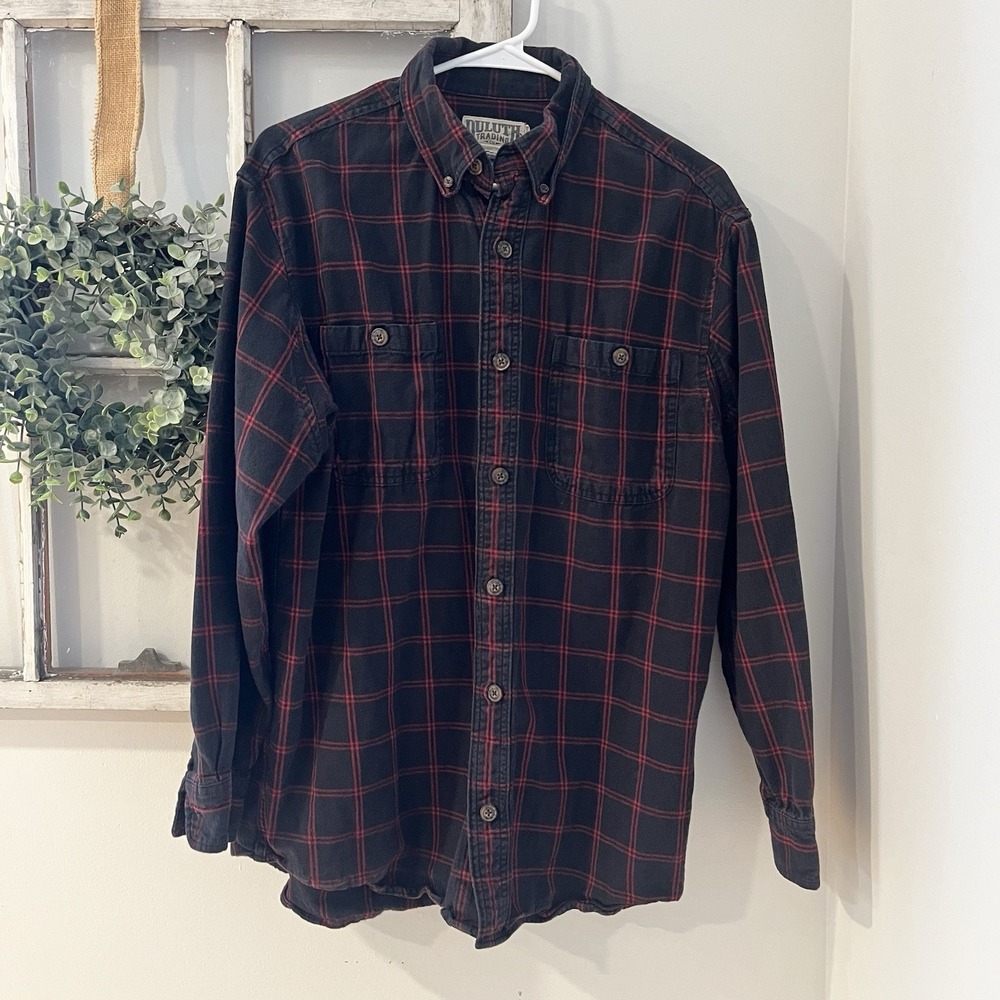Duluth Trading Company Sz M Black Red Plaid Flannel‎ Button Front Shirt - Fade